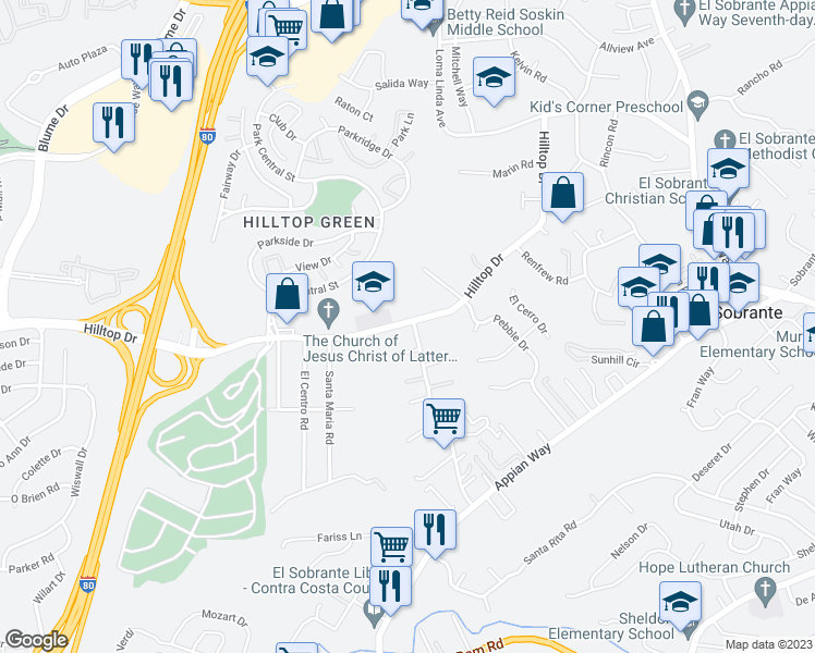 map of restaurants, bars, coffee shops, grocery stores, and more near 787 La Paloma Road in El Sobrante
