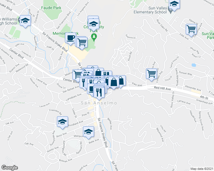 map of restaurants, bars, coffee shops, grocery stores, and more near 580 Red Hill Avenue in San Anselmo