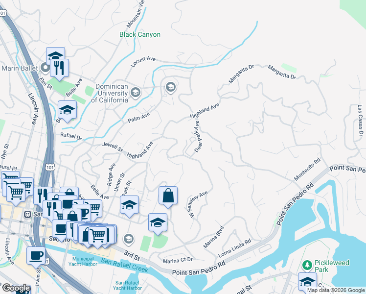 map of restaurants, bars, coffee shops, grocery stores, and more near 19 Deer Park Avenue in San Rafael