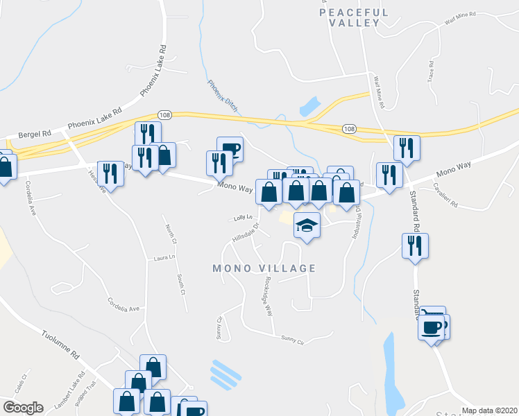 map of restaurants, bars, coffee shops, grocery stores, and more near 19520 Hillsdale Drive in Sonora