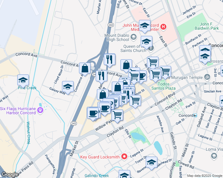 map of restaurants, bars, coffee shops, grocery stores, and more near 1601 Broadway Street in Concord