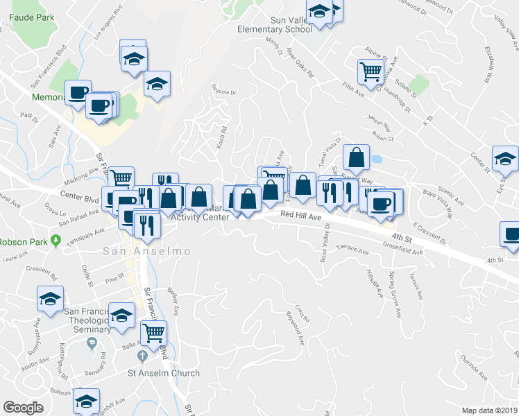 map of restaurants, bars, coffee shops, grocery stores, and more near 200 Red Hill Avenue in San Anselmo