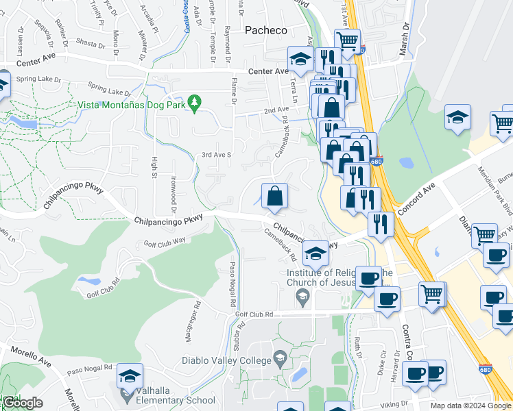 map of restaurants, bars, coffee shops, grocery stores, and more near 396 Camelback Road in Pleasant Hill