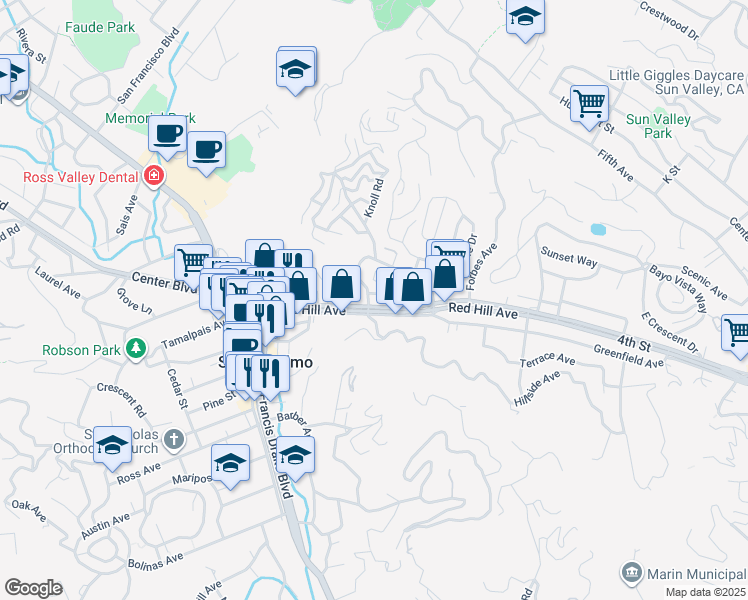 map of restaurants, bars, coffee shops, grocery stores, and more near 9 Ancho Vista Avenue in San Anselmo