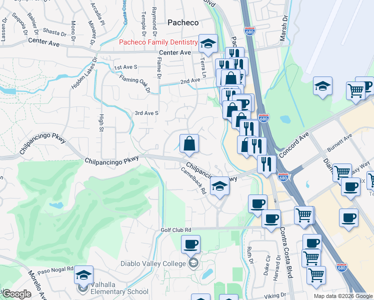 map of restaurants, bars, coffee shops, grocery stores, and more near 422 Camelback Road in Pleasant Hill