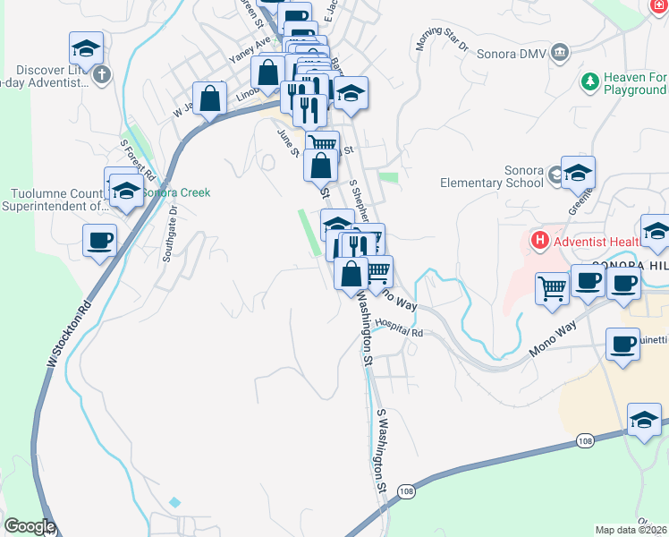 map of restaurants, bars, coffee shops, grocery stores, and more near 582 Olive Street in Sonora