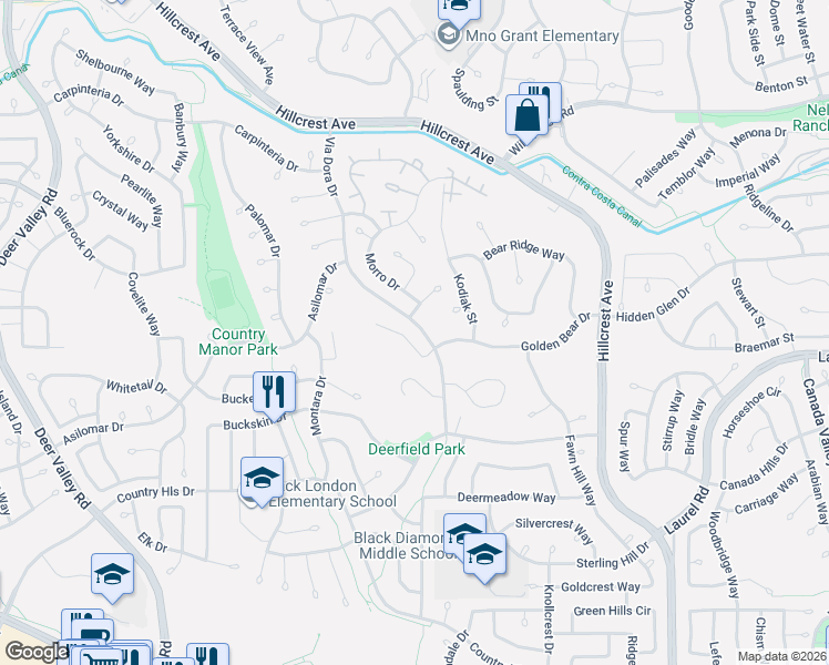 map of restaurants, bars, coffee shops, grocery stores, and more near 4360 Via Dora Drive in Antioch