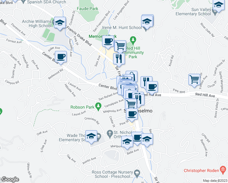 map of restaurants, bars, coffee shops, grocery stores, and more near 18 San Rafael Avenue in San Anselmo