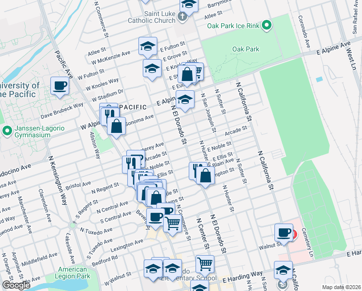 map of restaurants, bars, coffee shops, grocery stores, and more near 30 East Monterey Avenue in Stockton
