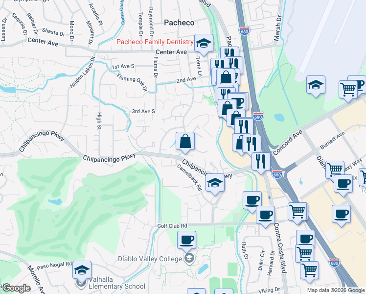 map of restaurants, bars, coffee shops, grocery stores, and more near 422 Camelback Road in Pleasant Hill