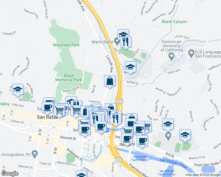 map of restaurants, bars, coffee shops, grocery stores, and more near 75 Plum Tree Lane in San Rafael