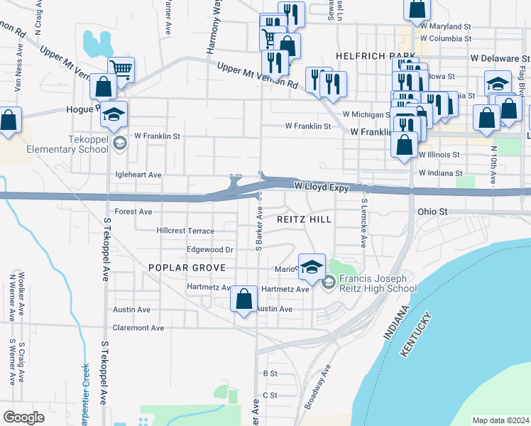 map of restaurants, bars, coffee shops, grocery stores, and more near 50 South Barker Avenue in Evansville