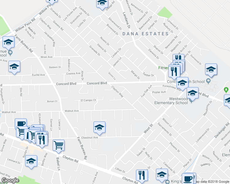 map of restaurants, bars, coffee shops, grocery stores, and more near 1777 Clayton Way in Concord