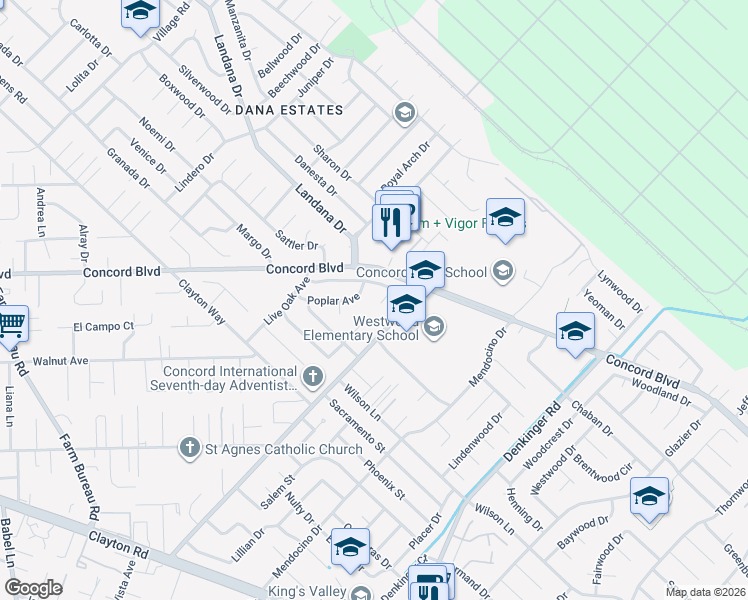 map of restaurants, bars, coffee shops, grocery stores, and more near 1745 Eucalyptus Court in Concord