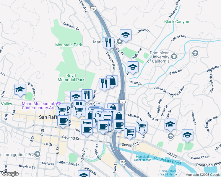 map of restaurants, bars, coffee shops, grocery stores, and more near 1354 Lincoln Avenue in San Rafael