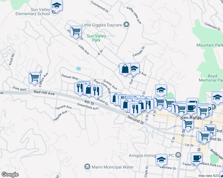 map of restaurants, bars, coffee shops, grocery stores, and more near 59 Bayo Vista Way in San Rafael