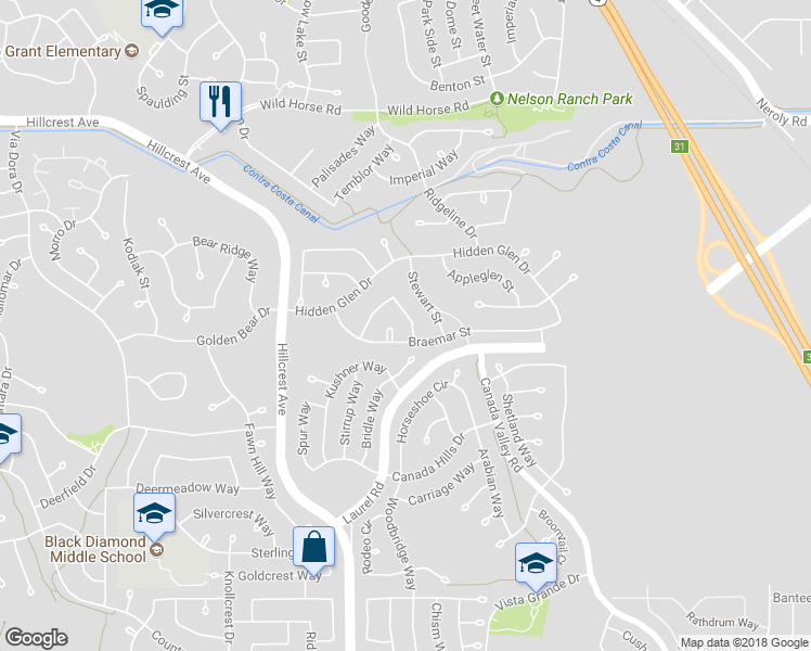 map of restaurants, bars, coffee shops, grocery stores, and more near 4790 Hawkins Street in Antioch