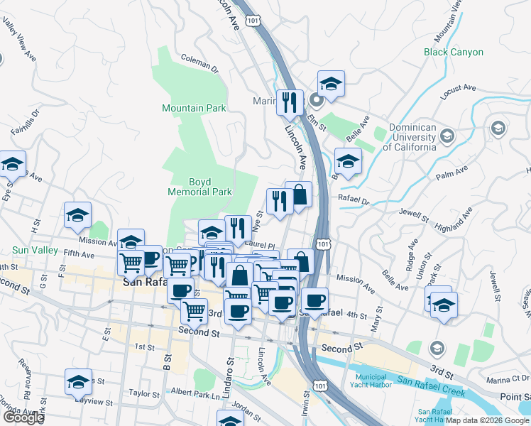 map of restaurants, bars, coffee shops, grocery stores, and more near 1426 Nye Street in San Rafael