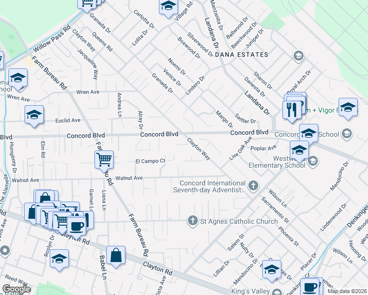 map of restaurants, bars, coffee shops, grocery stores, and more near 3867 Logan Court in Concord
