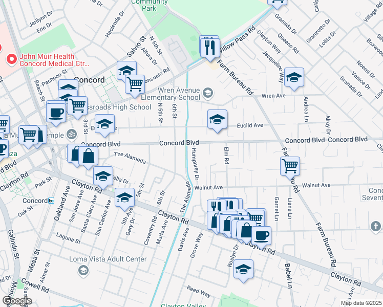 map of restaurants, bars, coffee shops, grocery stores, and more near 1741 Humphrey Drive in Concord