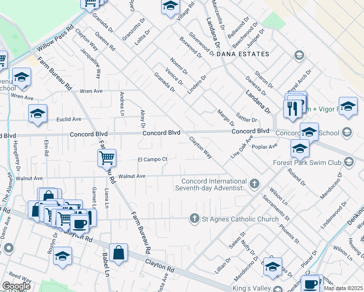 map of restaurants, bars, coffee shops, grocery stores, and more near 3867 Logan Court in Concord