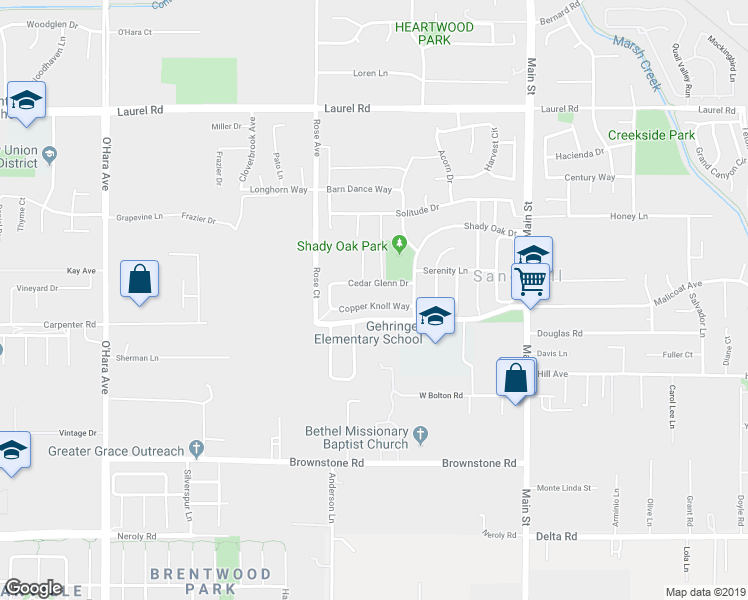 map of restaurants, bars, coffee shops, grocery stores, and more near 125 Copper Knoll Way in Oakley