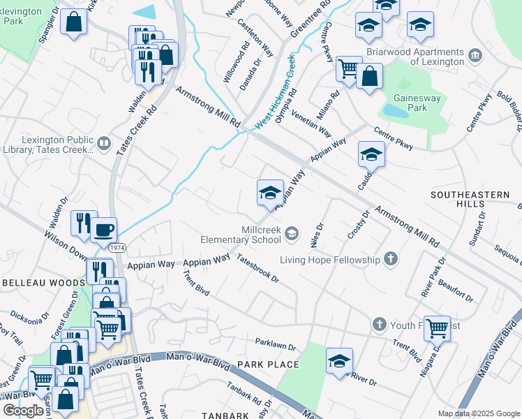map of restaurants, bars, coffee shops, grocery stores, and more near 3645 Appian Way in Lexington