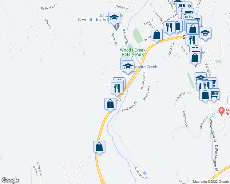 map of restaurants, bars, coffee shops, grocery stores, and more near 18 Cottage Court in Sonora