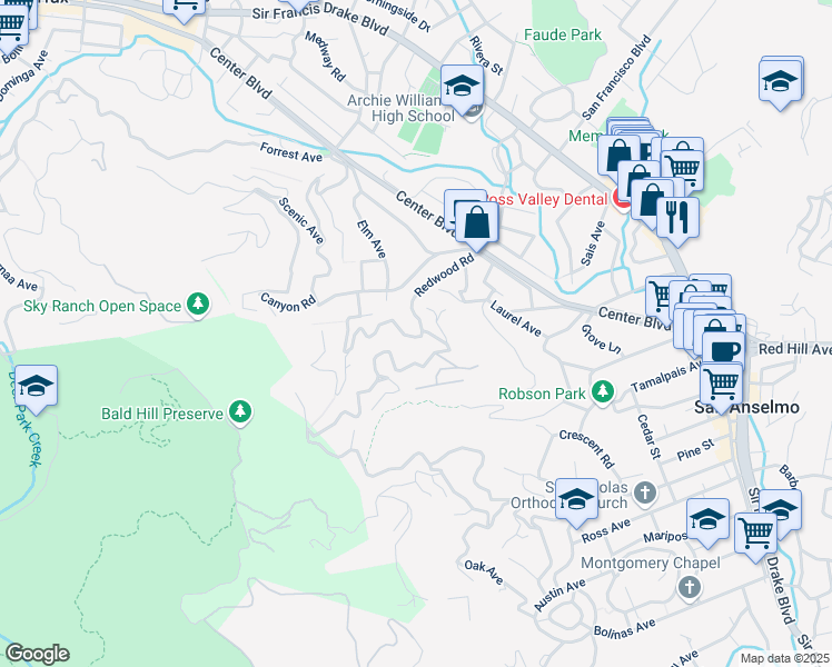 map of restaurants, bars, coffee shops, grocery stores, and more near 241 Floribel Avenue in San Anselmo
