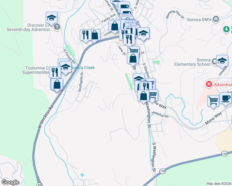 map of restaurants, bars, coffee shops, grocery stores, and more near 202 West Sunset Street in Sonora
