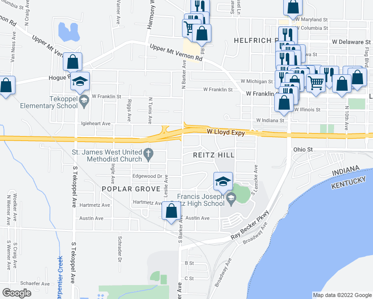 map of restaurants, bars, coffee shops, grocery stores, and more near 50 South Barker Avenue in Evansville