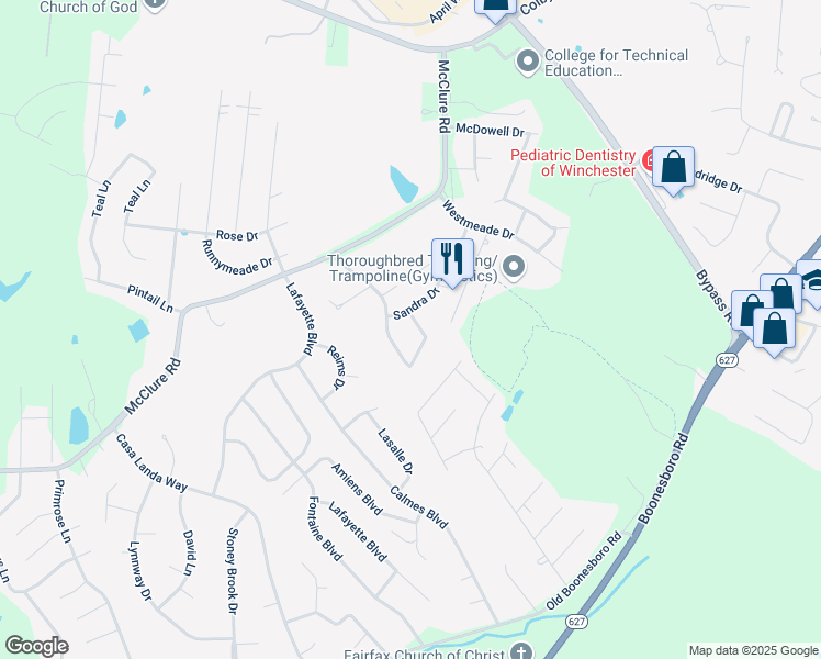 map of restaurants, bars, coffee shops, grocery stores, and more near 405 Harney Drive in Winchester