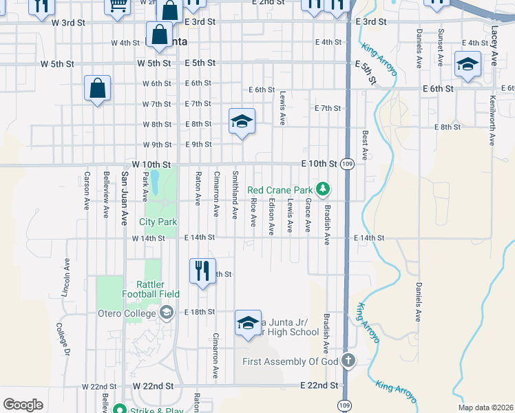 map of restaurants, bars, coffee shops, grocery stores, and more near 414 East 12th Street in La Junta