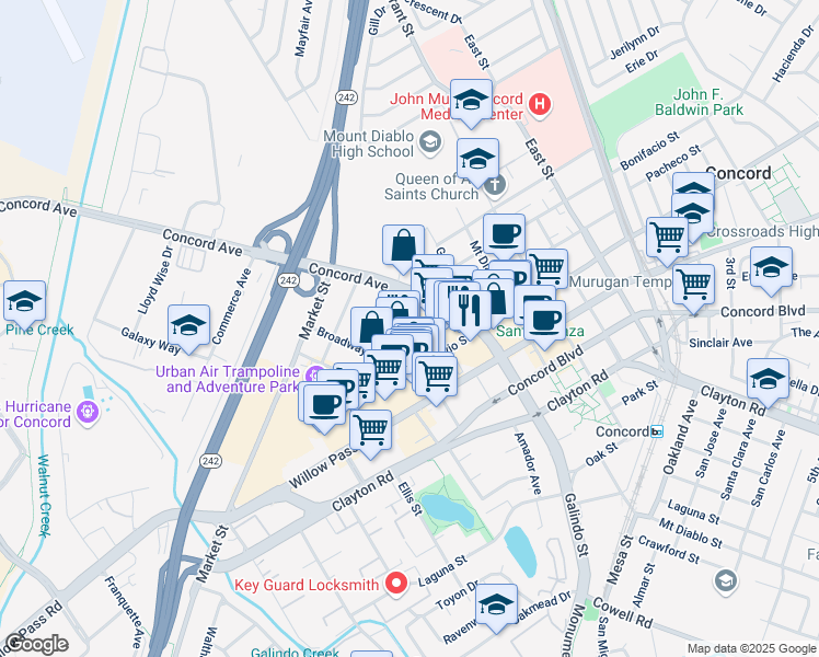 map of restaurants, bars, coffee shops, grocery stores, and more near 1800 Adobe Street in Concord