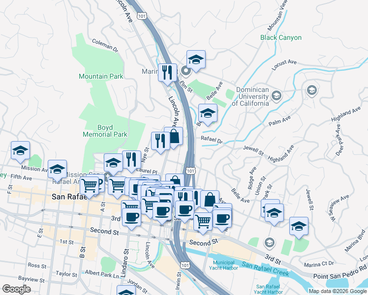 map of restaurants, bars, coffee shops, grocery stores, and more near 75 Plum Tree Lane in San Rafael