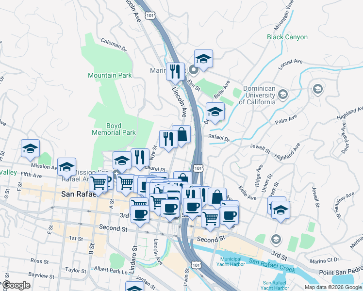 map of restaurants, bars, coffee shops, grocery stores, and more near 1358 Lincoln Avenue in San Rafael