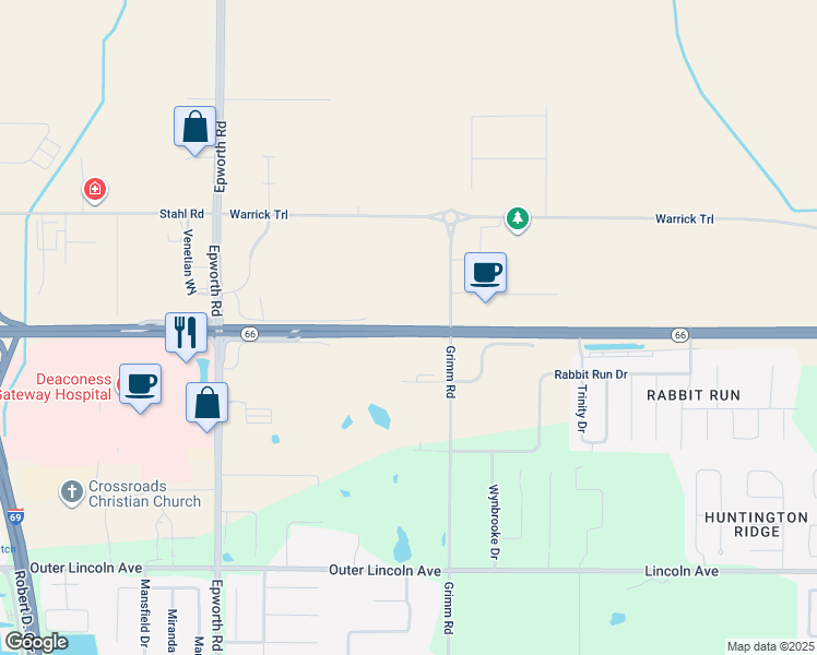 map of restaurants, bars, coffee shops, grocery stores, and more near 10044 Indiana 66 in Newburgh
