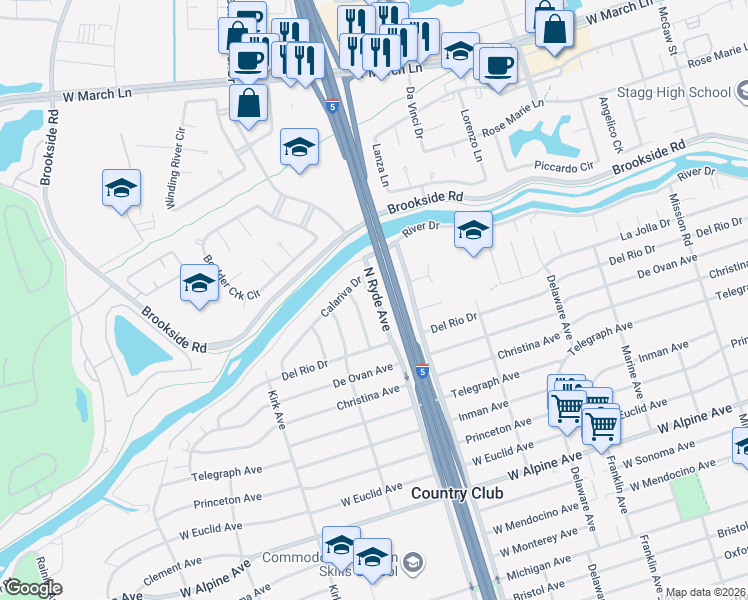 map of restaurants, bars, coffee shops, grocery stores, and more near 3887 North Ryde Avenue in Stockton