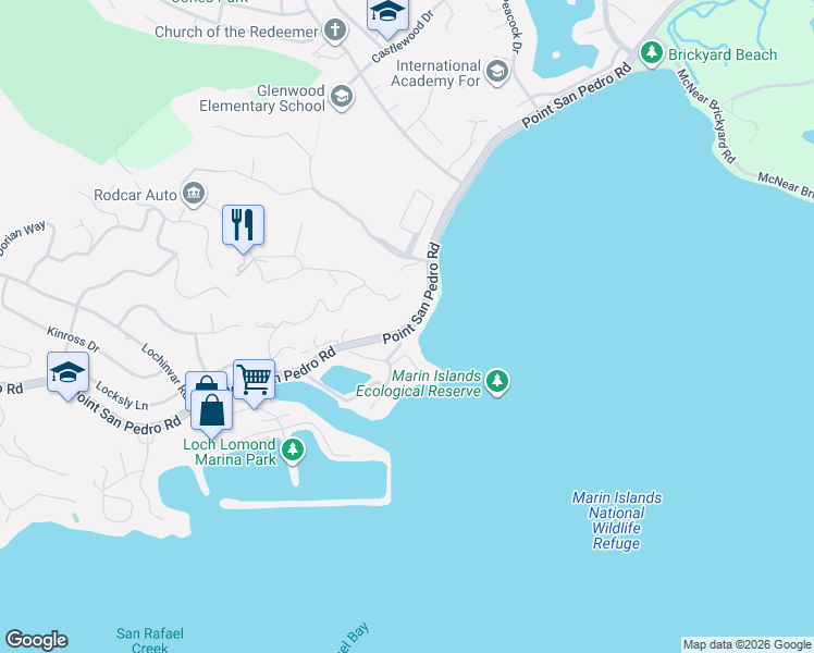 map of restaurants, bars, coffee shops, grocery stores, and more near 811 Point San Pedro Road in San Rafael