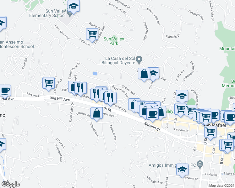 map of restaurants, bars, coffee shops, grocery stores, and more near 16 Bayo Vista Way in San Rafael