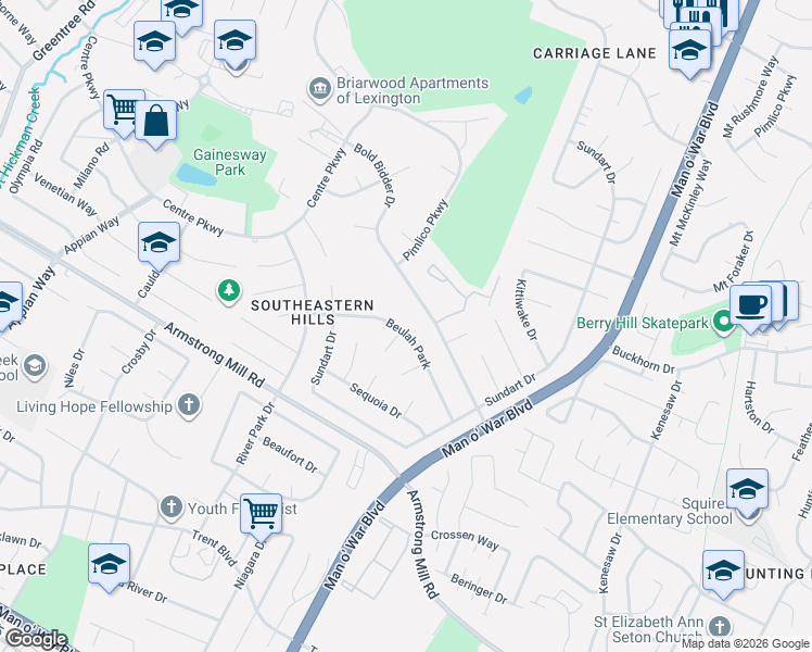 map of restaurants, bars, coffee shops, grocery stores, and more near 1355 Beulah Park in Lexington