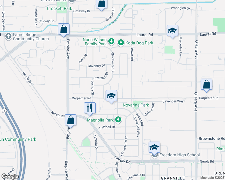 map of restaurants, bars, coffee shops, grocery stores, and more near 518 Whitehall Court in Oakley