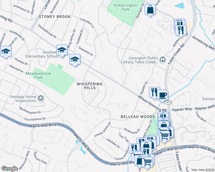 map of restaurants, bars, coffee shops, grocery stores, and more near 461 Whispering Hills Drive in Lexington