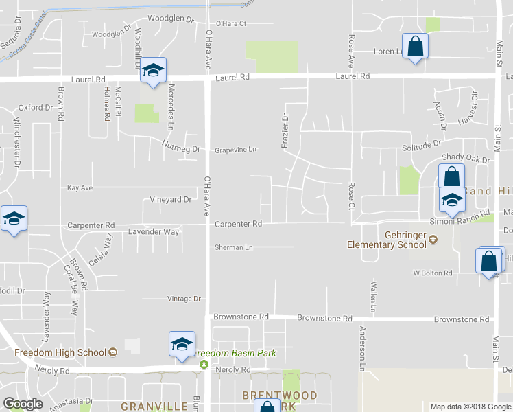 map of restaurants, bars, coffee shops, grocery stores, and more near 80 Ridge Crest Court in Oakley