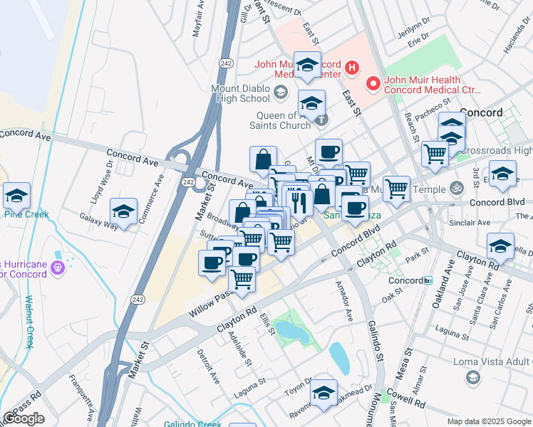 map of restaurants, bars, coffee shops, grocery stores, and more near 1800 Adobe Street in Concord