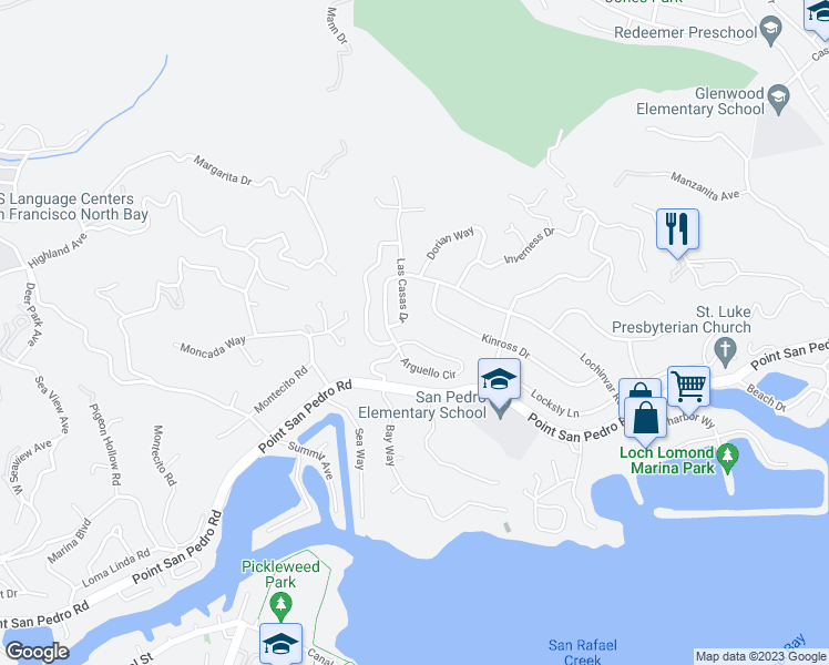 map of restaurants, bars, coffee shops, grocery stores, and more near 74 Arguello Circle in San Rafael