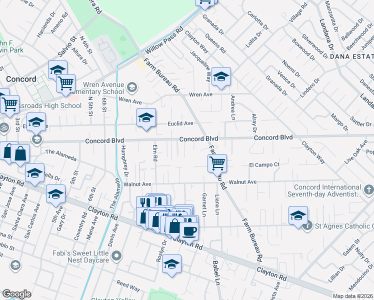 map of restaurants, bars, coffee shops, grocery stores, and more near 1796 Dakota Lane in Concord