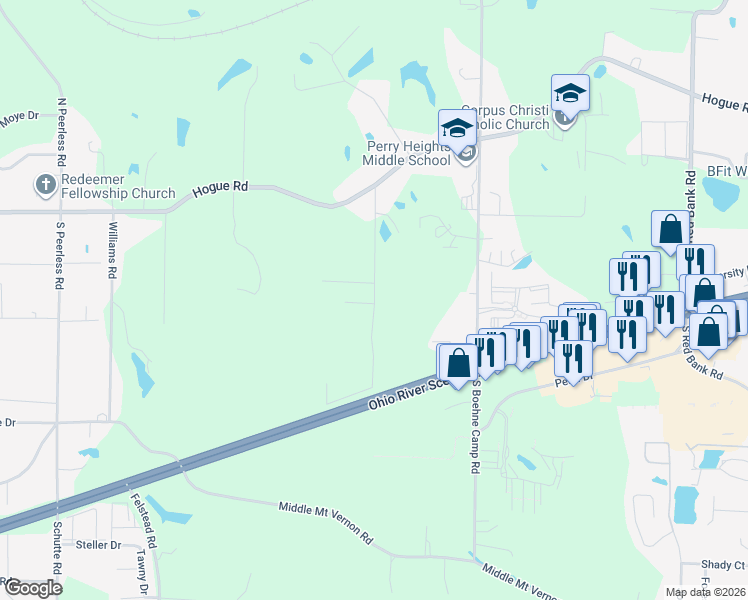 map of restaurants, bars, coffee shops, grocery stores, and more near 6 Miller Road in Evansville