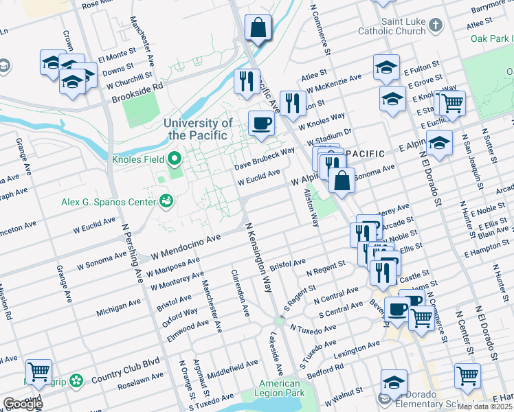 map of restaurants, bars, coffee shops, grocery stores, and more near 843 West Sonoma Avenue in Stockton