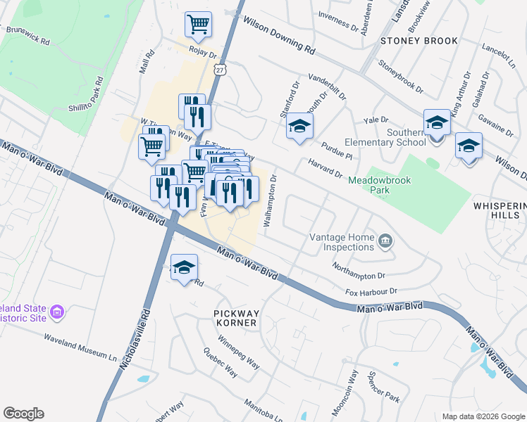 map of restaurants, bars, coffee shops, grocery stores, and more near 3837 Walhampton Drive in Lexington